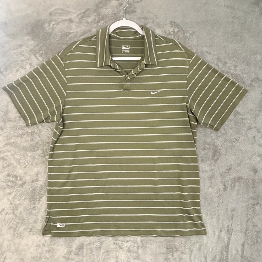 Nike Performance Polo Large Mens Olive Green Striped‎ Short Sleeve Mesh Shirt